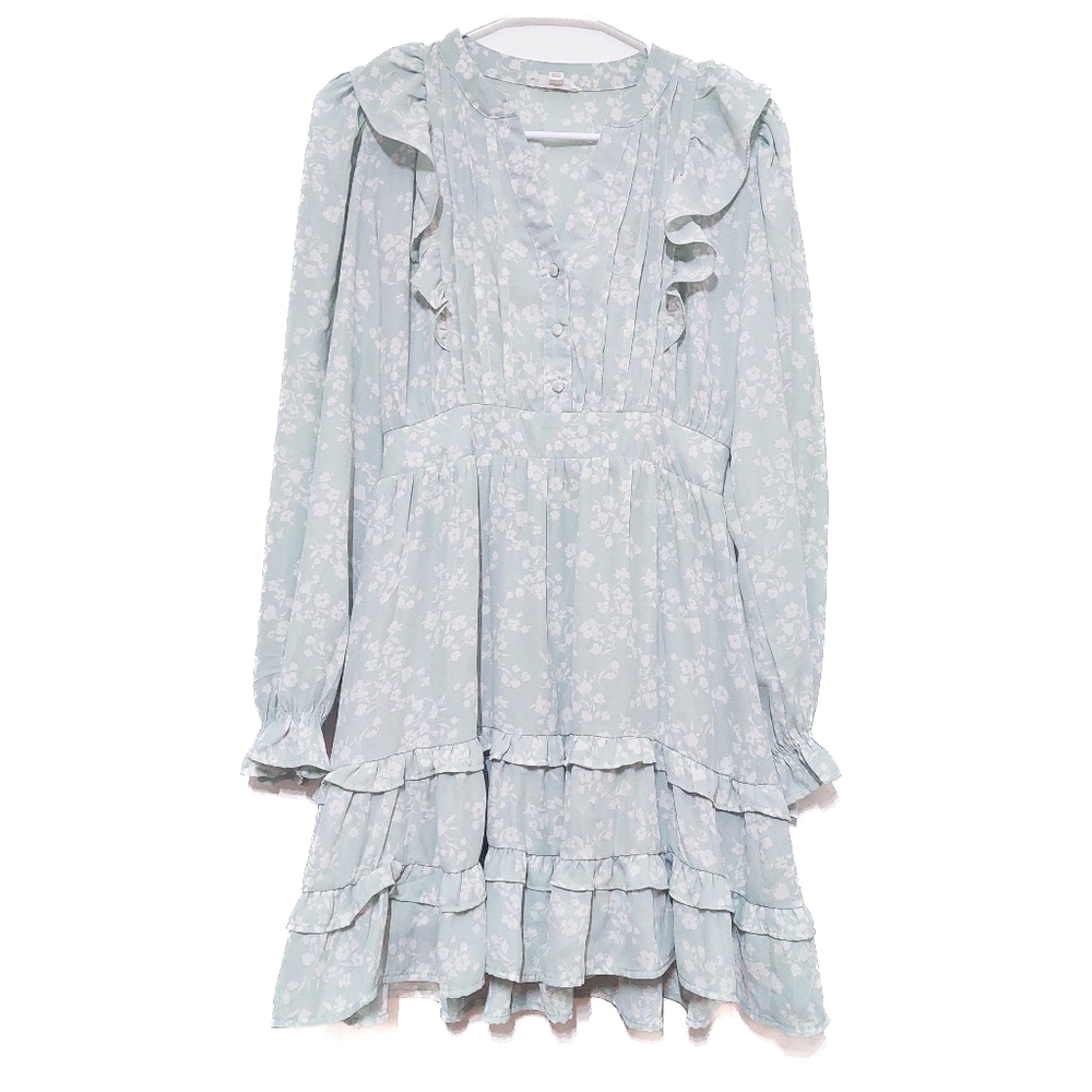 By The River Mint Floral Ruffle Dress Cottagecore Boho Sheer Mini S Spring